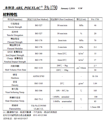 奇美ABS--1730物性表